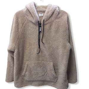 PINK Victoria’s Secret 1/4 Zip Pullover Hoodie Jacket Fuzzy Soft Tan size Large